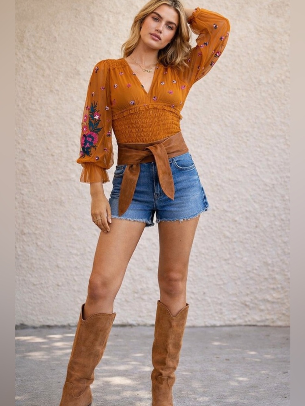 Anthropologie Embroidered Smocked Tulle Blouse Sheer Sleeve Cropped Boho Top | M